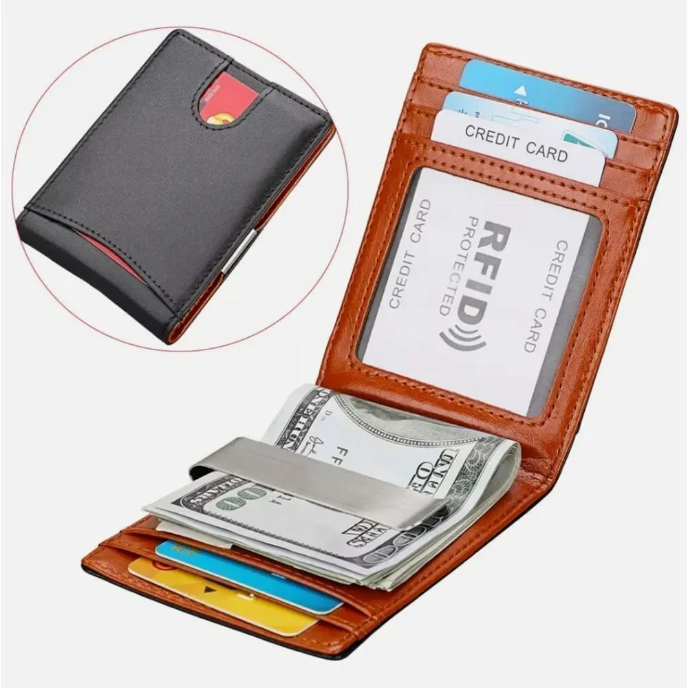 Mens Slim Wallet Minimalist Thin Front Pocket Leather Card Holder RFID Blocking